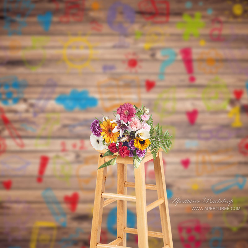 Aperturee - Wood Colorful Stick Figures Grad Backdrop For Photo