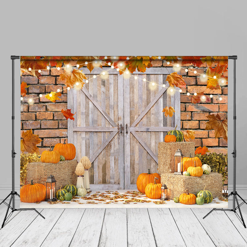 Aperturee - Wood Door Pumpkin Maple Leaves Light Autumn Backdrop