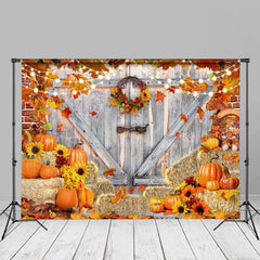 Aperturee - Wood Door Red Brick Wall Maples Pumpkin Autumn Backdrop
