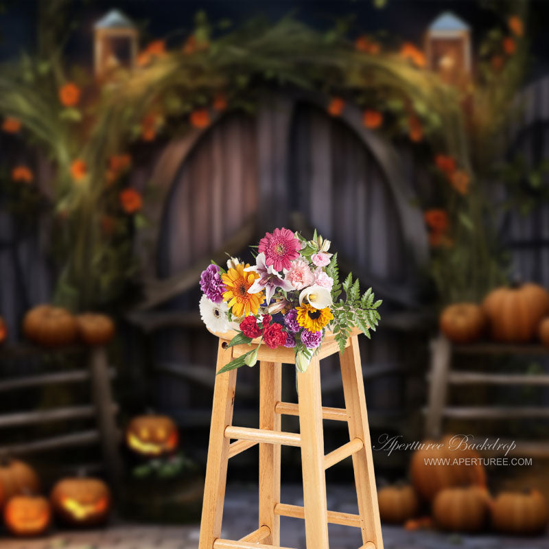 Aperturee - Wood Door Spooky Pumpkin Halloween Photo Backdrop