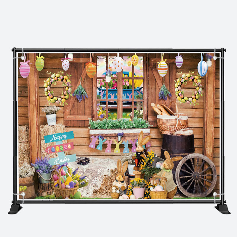 Aperturee - Wood Farm Window Floral Eggs Rabbit Easter Backdrop