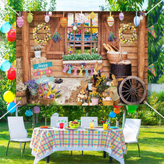 Aperturee - Wood Farm Window Floral Eggs Rabbit Easter Backdrop