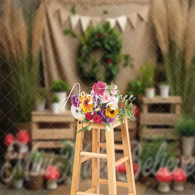 Aperturee - Wood Green Plant Linen Birthday Cake Smash Backdrop