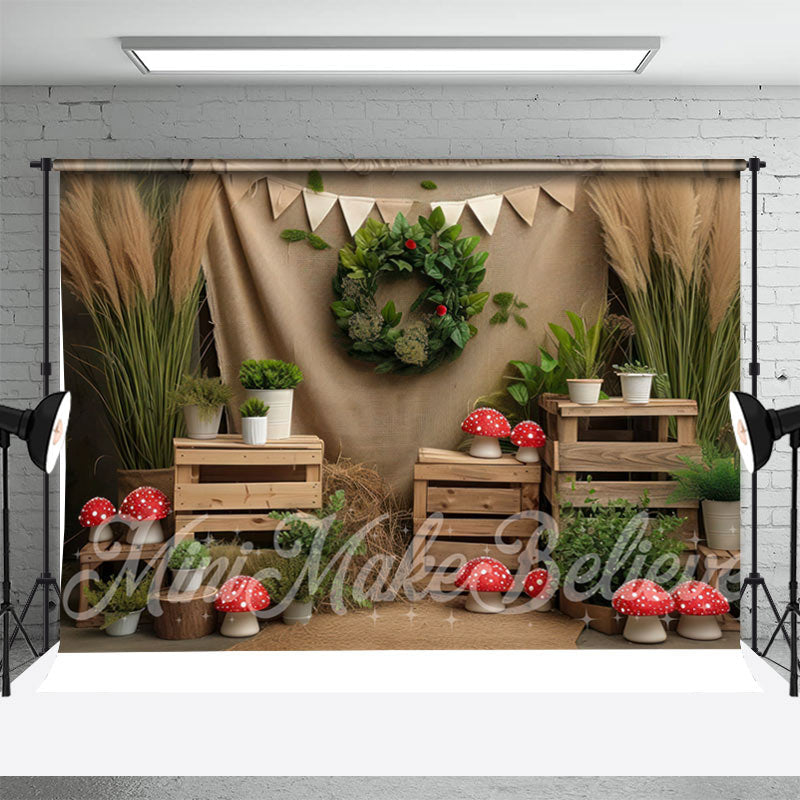 Aperturee - Wood Green Plant Linen Birthday Cake Smash Backdrop