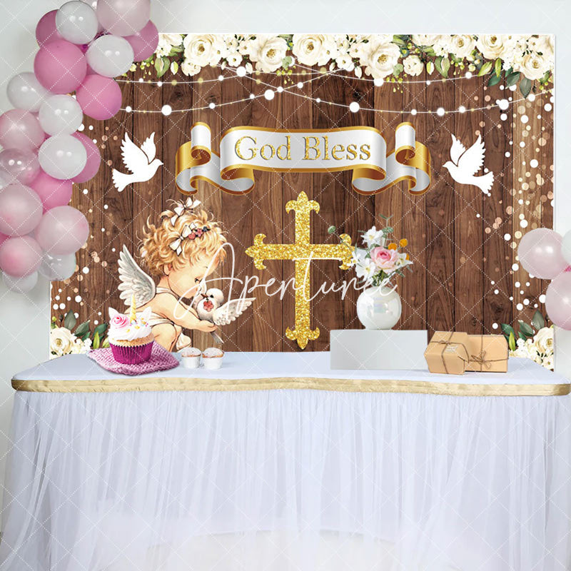 Aperturee - Wood Lattice Cross Angel God Bless Baptism Backdrop