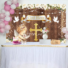 Aperturee - Wood Lattice Cross Angel God Bless Baptism Backdrop