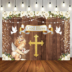 Aperturee - Wood Lattice Cross Angel God Bless Baptism Backdrop