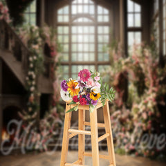 Aperturee - Wood Living Room Window Pink Floral Spring Backdrop