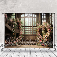 Aperturee - Wood Living Room Window Pink Floral Spring Backdrop