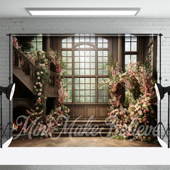 Aperturee - Wood Living Room Window Pink Floral Spring Backdrop