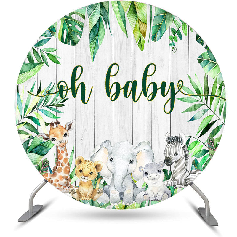 Aperturee - Wood Monstera Animals Round Baby Shower Backdrop