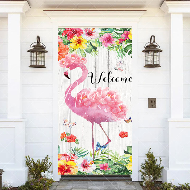 Aperturee - Wood Pink Flamingo Welcome Home Party Door Cover