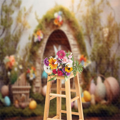 Aperturee - Wood Rabbit Hole Colorful Egg Floral Easter Backdrop