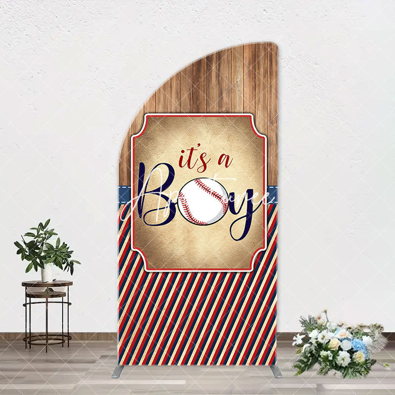 Aperturee - Wood Red Black Stripe Boy Arch Baby Shower Backdrop