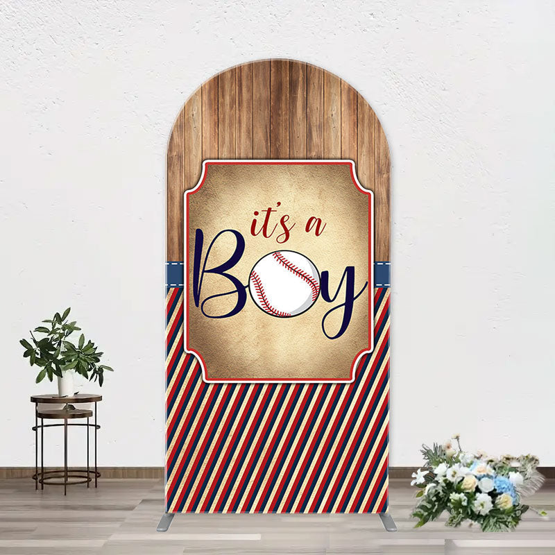 Aperturee - Wood Red Black Stripe Boy Arch Baby Shower Backdrop