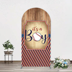 Aperturee - Wood Red Black Stripe Boy Arch Baby Shower Backdrop