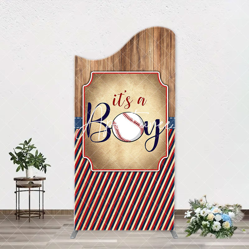 Aperturee - Wood Red Black Stripe Boy Arch Baby Shower Backdrop