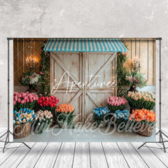 Aperturee - Wood Retro Door Colorful Tulip Cake Smash Backdrop