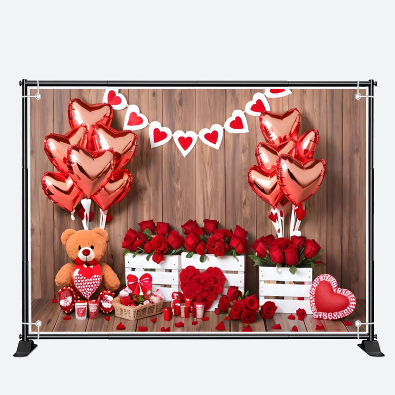 Aperturee - Wood Teddy Bear Rose Balloon Valentines Day Backdrop