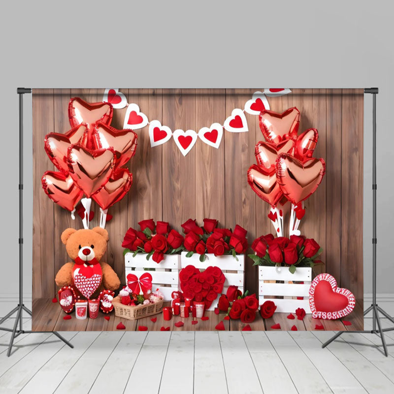 Aperturee - Wood Teddy Bear Rose Balloon Valentines Day Backdrop