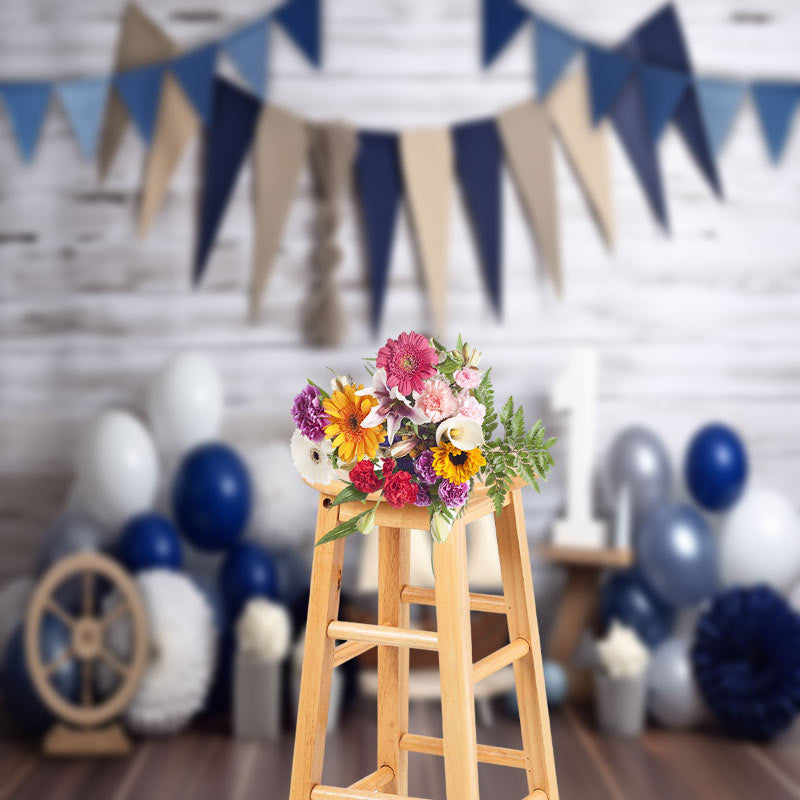 Aperturee - Wood Wall Blue Boys 1st Birthday Cake Smash Backdrop