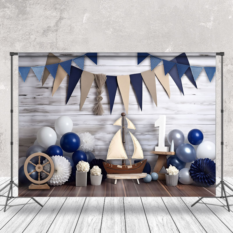 Aperturee - Wood Wall Blue Boys 1st Birthday Cake Smash Backdrop