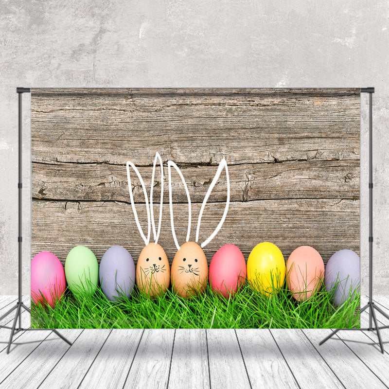 Aperturee - Wood Wall Green Grass Eggs Easter Backdrop For Photo