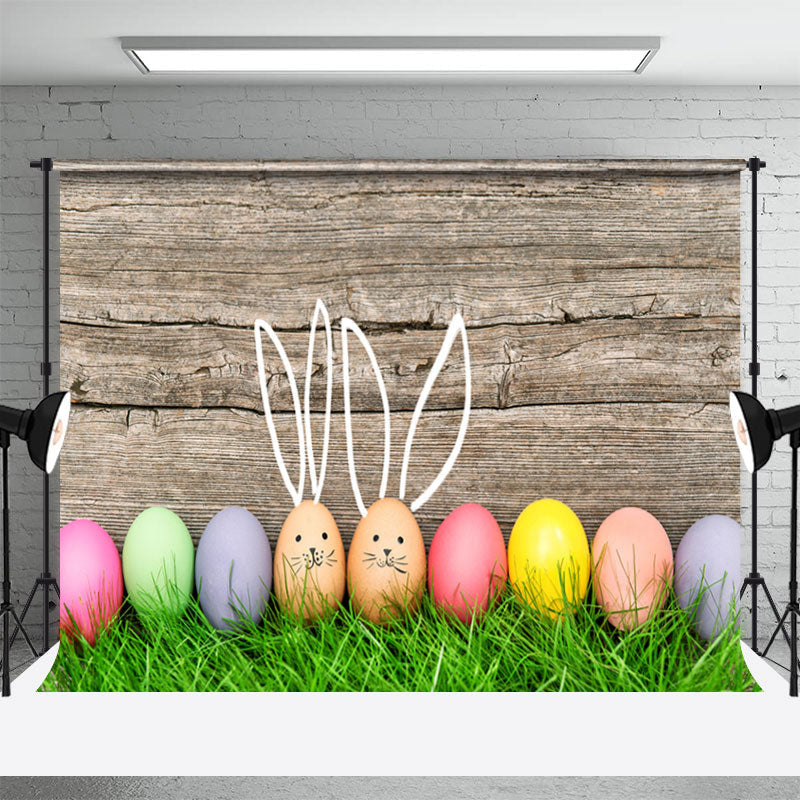 Aperturee - Wood Wall Green Grass Eggs Easter Backdrop For Photo