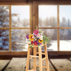 Aperturee - Wood Window Snow Pine Christmas Portrait Backdrop