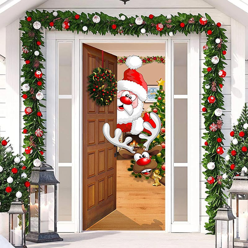 Aperturee - Wood Xmas Tree Santa Claus Elk Christmas Door Cover