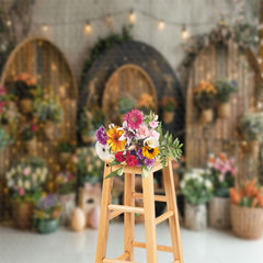 Aperturee - Wooden Arch Grey Wall Foral Easter Photo Backdrop