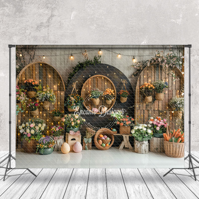 Aperturee - Wooden Arch Grey Wall Foral Easter Photo Backdrop