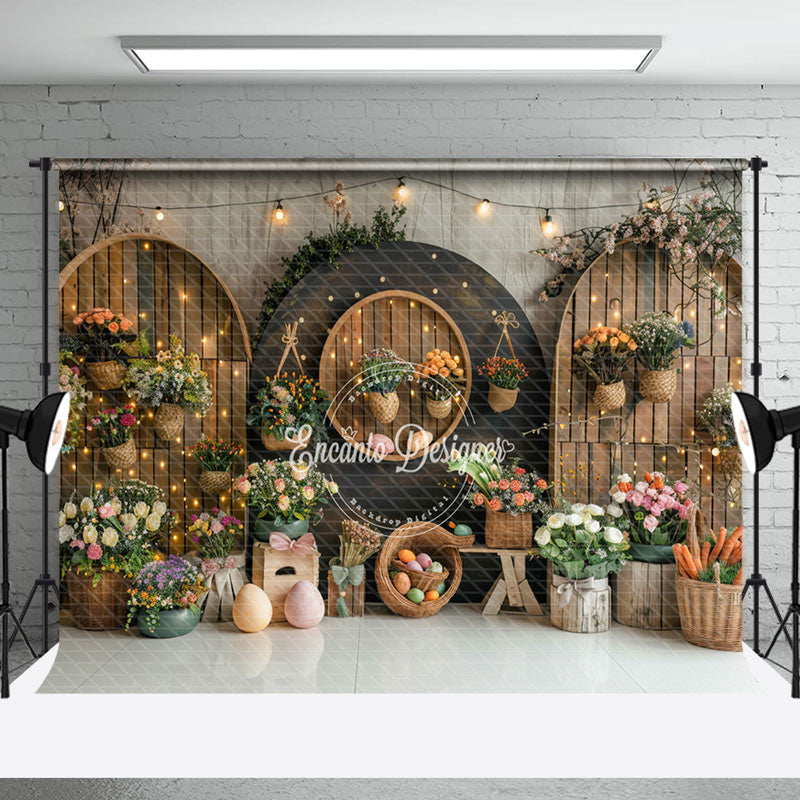 Aperturee - Wooden Arch Grey Wall Foral Easter Photo Backdrop