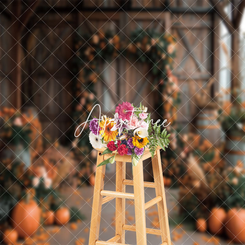 Aperturee - Wooden Barn Floral Pumpkins Autumn Photo Backdrop