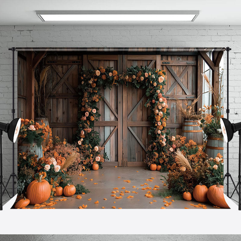 Aperturee - Wooden Barn Floral Pumpkins Autumn Photo Backdrop