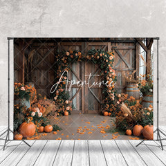 Aperturee - Wooden Barn Floral Pumpkins Autumn Photo Backdrop