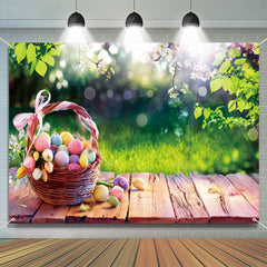 Aperturee - Wooden Basket Egg Green Leaves Bokeh Easter Backdrop