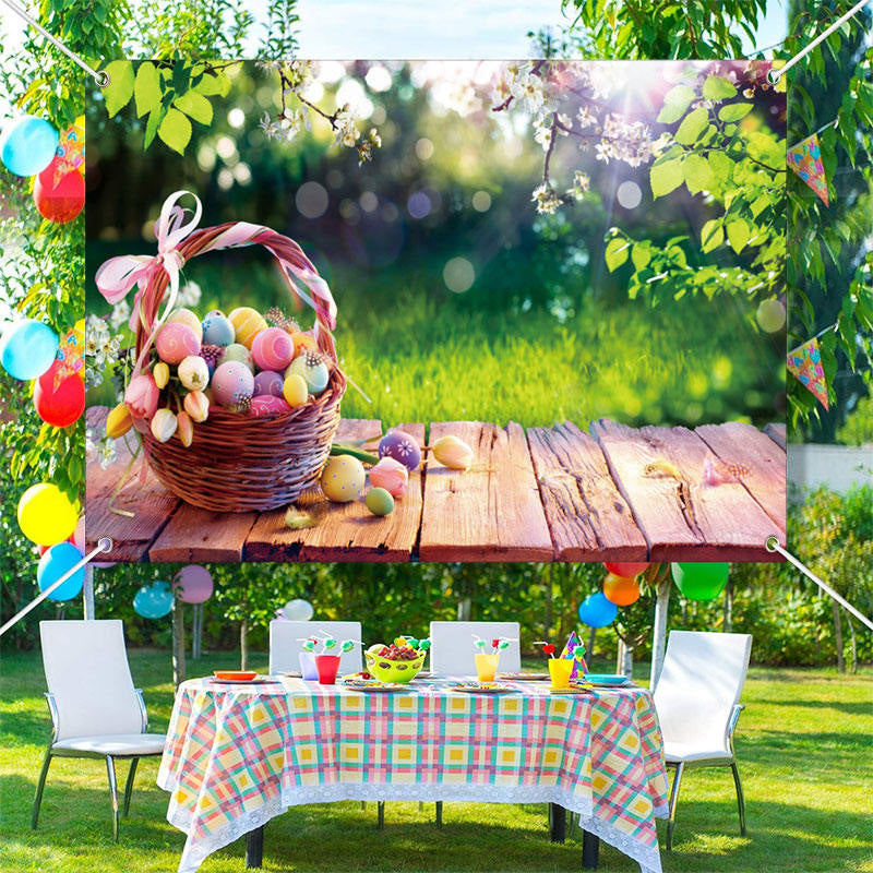 Aperturee - Wooden Basket Egg Green Leaves Bokeh Easter Backdrop