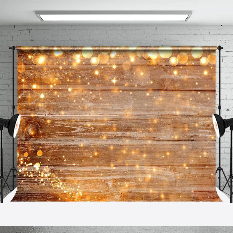 Aperturee - Wooden Board Golden Glitter Bokeh Party Backdrop