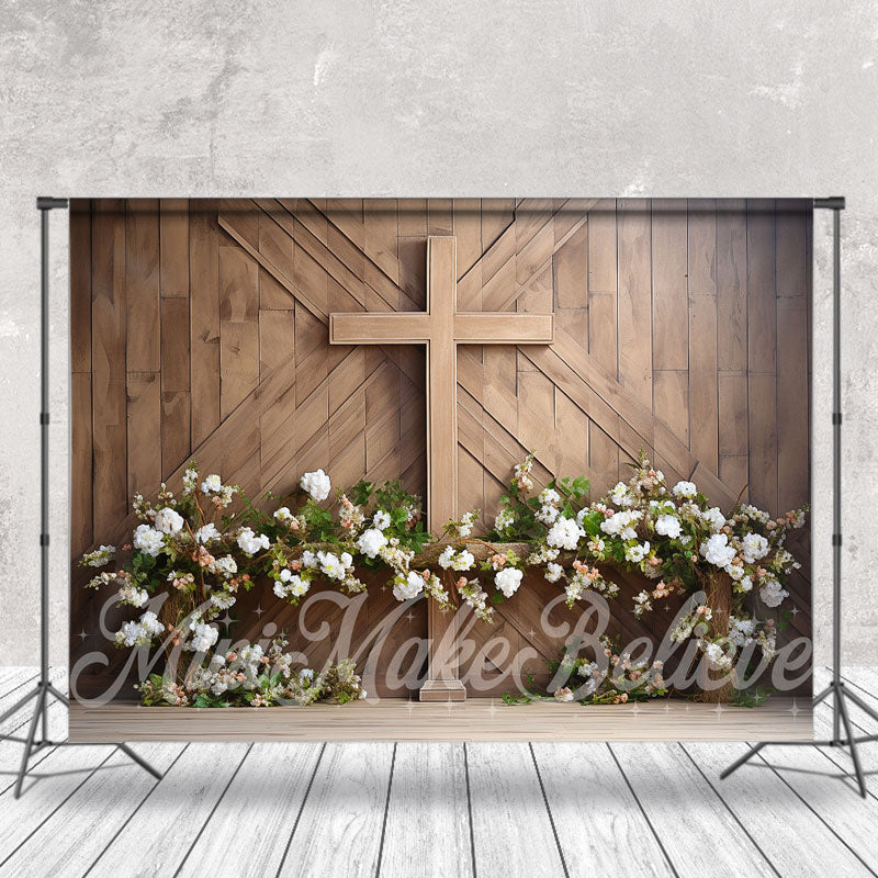 Aperturee - Wooden Board Wall Flowers Cross Easter Photo Backdrop