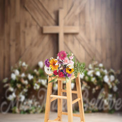 Aperturee - Wooden Board Wall Flowers Cross Easter Photo Backdrop