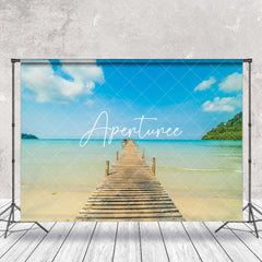 Aperturee - Wooden Bridge Beach Blue Sea Mountain Photo Backdrop