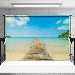 Aperturee - Wooden Bridge Beach Blue Sea Mountain Photo Backdrop