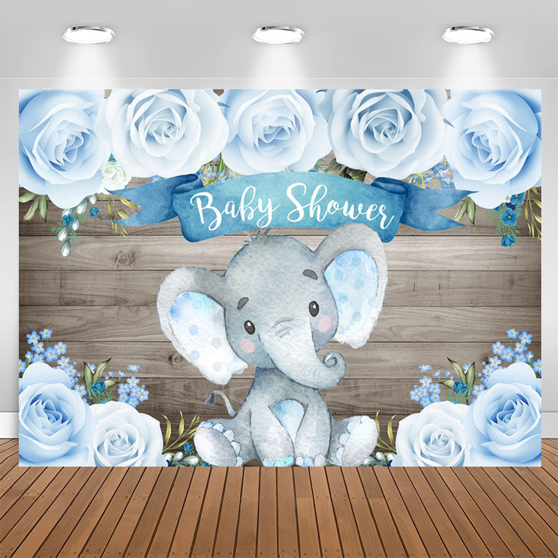 Aperturee - Wooden Bule Roses Baby Elephant Baby Shower Backdrop