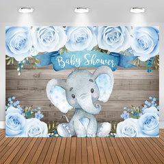 Aperturee - Wooden Bule Roses Baby Elephant Baby Shower Backdrop