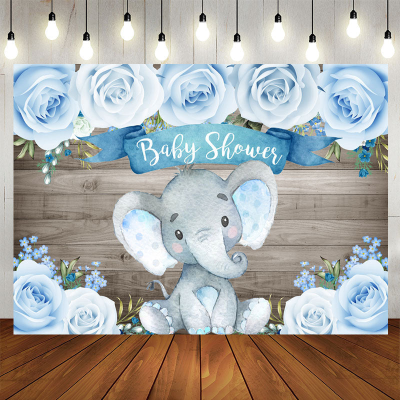 Aperturee - Wooden Bule Roses Baby Elephant Baby Shower Backdrop