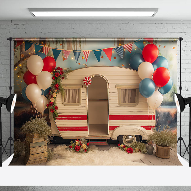 Aperturee - Wooden Car Balloons Usa Flag Cake Smash Backdrop