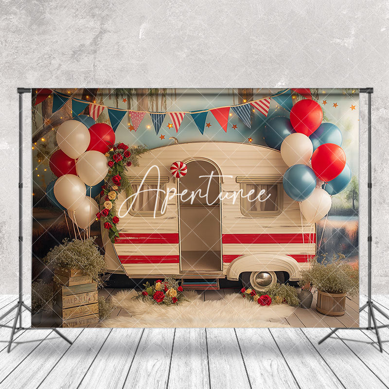 Aperturee - Wooden Car Balloons Usa Flag Cake Smash Backdrop