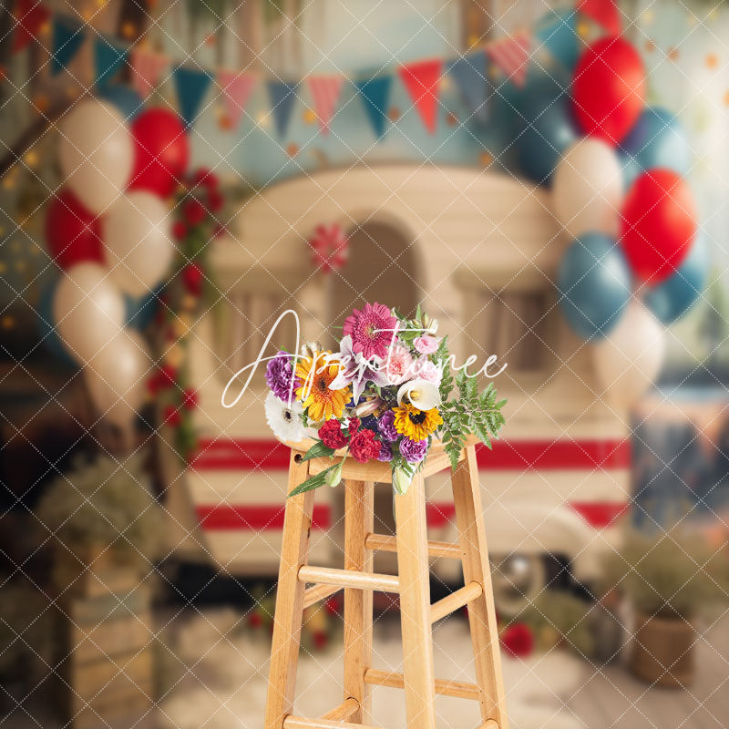 Aperturee - Wooden Car Balloons Usa Flag Cake Smash Backdrop