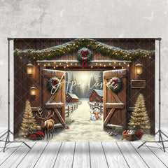 Aperturee - Wooden Door Elk Tree Snowy Winter Christmas Backdrop